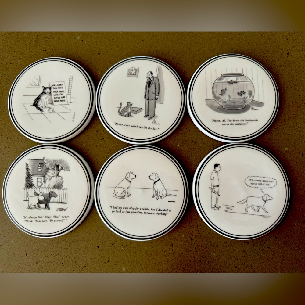 Set of 6 Restoration Hardware New Yorker Cat Dog Coasters
